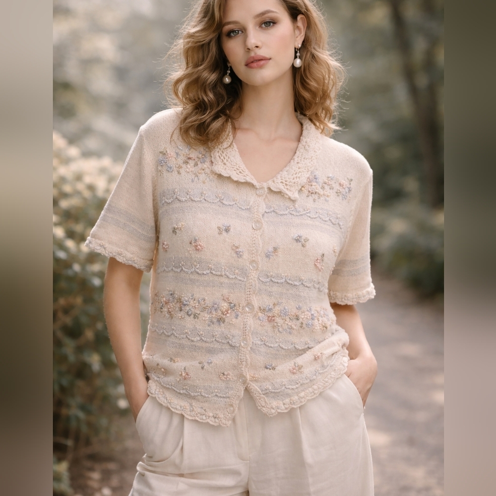 Vintage Embroidered Floral Knit Cardigan – Romantic Cottagecore Style
